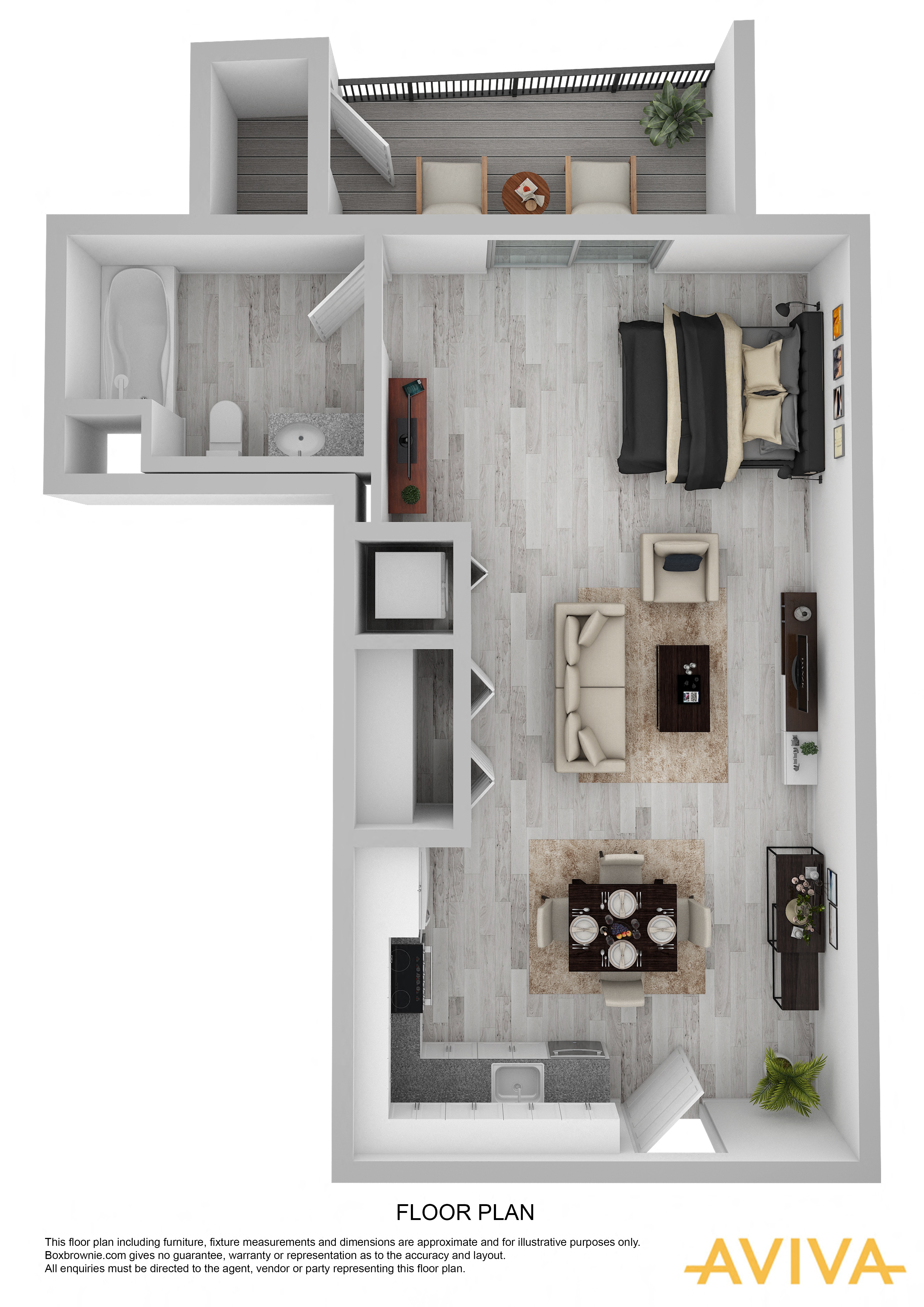 studio apartment floor plan at AVIVA Apartments